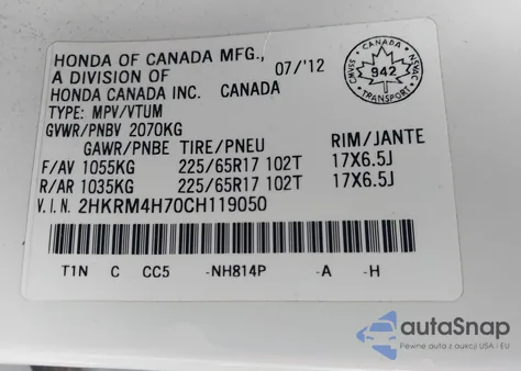 2012 Honda Cr-V Ex-L z USA, uszkodzony, nr VIN 2HKRM4H70CH119050